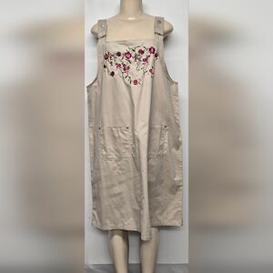 Jessica Bloom 2X Coverall Dress Peasant Straps Pockets Embroidery 100% Cotton